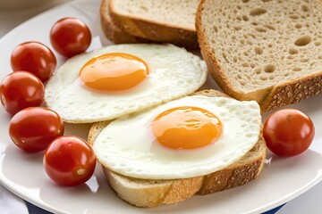 An isolated shot of a breakfast plate with two eggs sunny-side-up, a few cherry tomatoes, and several slices of bread