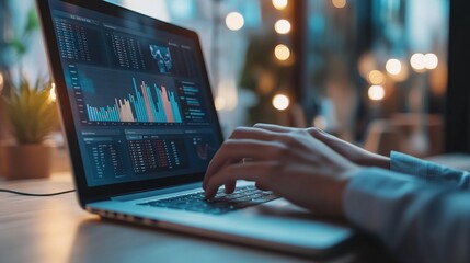 Poster - A laptop displaying data analytics graphics with a person typing, set in a cozy indoor environment illuminated by soft lights.