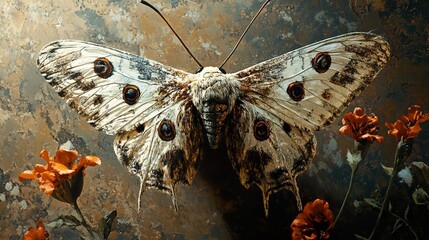 Canvas Print - Close Up of a Detailed Butterfly with Orange Flowers