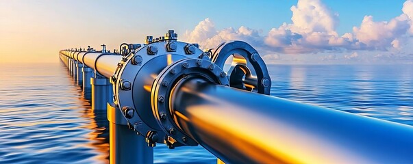 Close-up of a pipeline running along a coastal landscape, energy transportation, polished metal reflecting the ocean, clear sky with soft clouds, peaceful and expansive scene