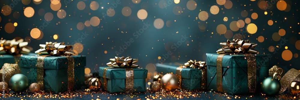 Gifts Header Christmas banner. Realistic green gift boxes with golden bow, gold ...