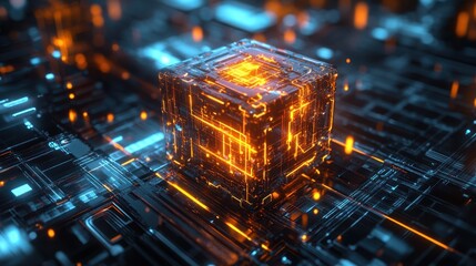 Sticker - A futuristic holo 3D grid cube with pulsating lights and complex digital textures