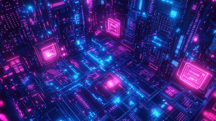 A futuristic abstract background with neon lights on a circuit board.