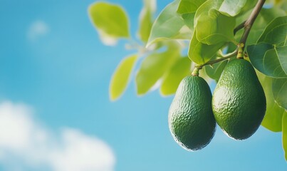  Avocado set in branch in bright blue sky, Generative AI