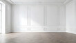 © EPDICAY - Empty room interior against white classic wall panels. Modern studio design. Bright minimalist space. Luxury space for displaying product.