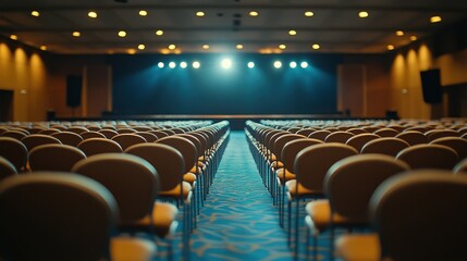 Empty conference hall with rows of chairs and stage lights focused on an empty stage, ready for an upcoming event.