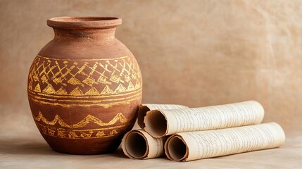 An ancient pottery jar with faint gold leaf patterns, surrounded by old parchment scrolls, representing ancient knowledge