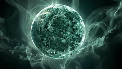 Wall Mural - A green orb floats in a cloud of swirling smoke, creating a mystical and ethereal atmosphere