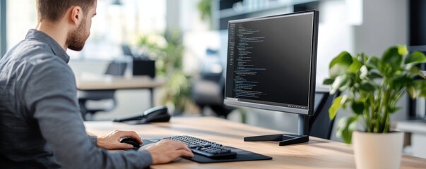 Wall Mural - modern workspace with computer and green plant