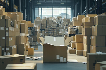 A cluttered storage facility filled with stacked boxes ready for shipment in the afternoon light