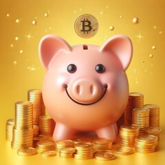 Happy piggy bank with gold coins and Bitcoin logo on yellow background representing the concept of savings, cryptocurrency, Bitcoin, financial planning and success.