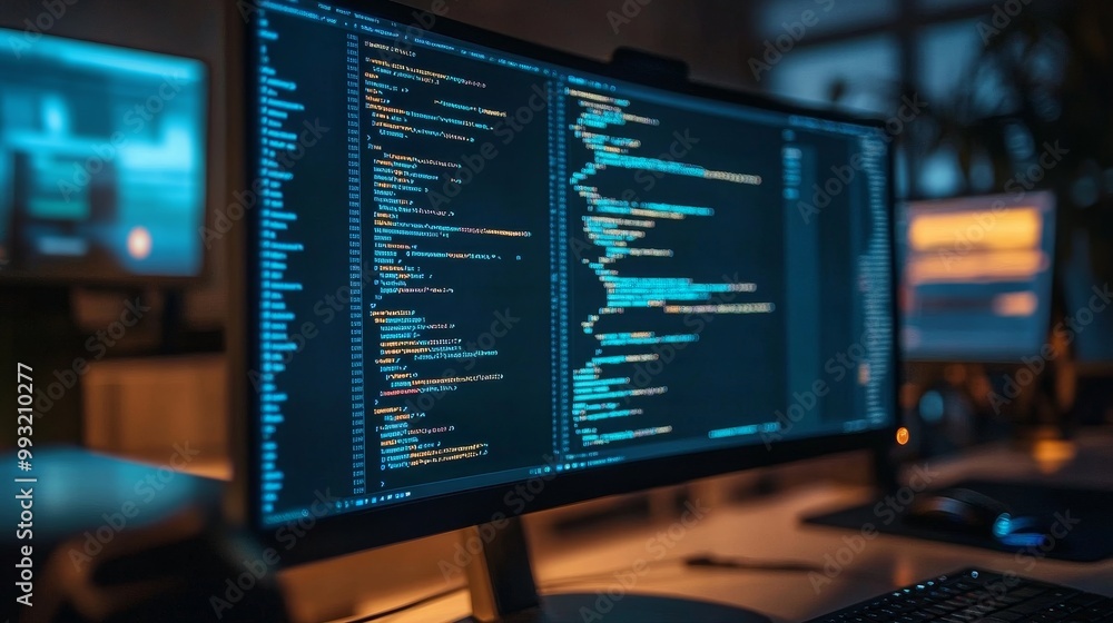 Source code, programming code on a computer screen, developers working ...