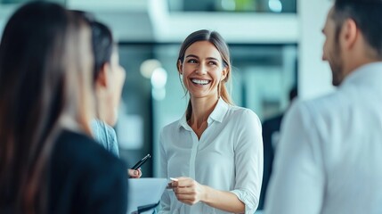 Canvas Print - A professional woman smiles while engaged in conversation with colleagues in a modern office setting, conveying a sense of collaboration and positive interaction.