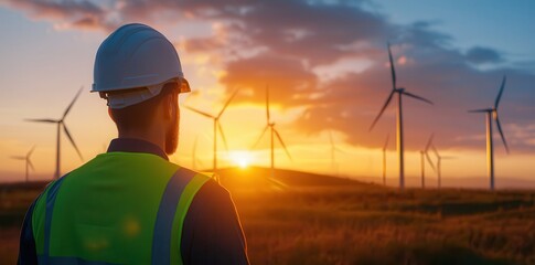 Wall Mural - A worker in a hard hat observes wind turbines at sunset, symbolizing renewable energy and a sustainable future.