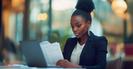 Businesswoman reviewing documents while working on a laptop in a modern office setting. Professional attire and focused work environment