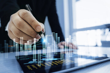 Leinwandbilder - Businessman using computer dashboard analyzing sales data and financial report. Financial Management data System KPI connected in database for follow earnings,operations and sales data.