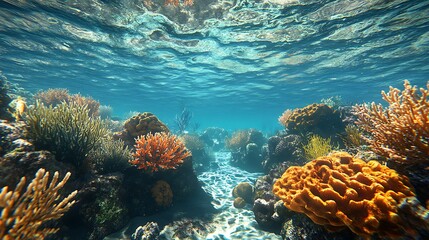 Vibrant underwater scene with coral reefs and marine life.