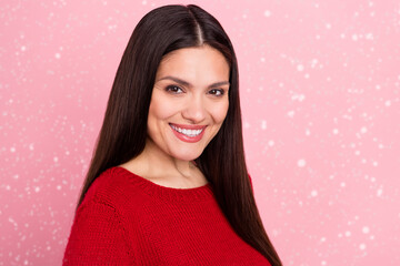 Canvas Print - Photo of cheerful young charming woman smile good mood positive face isolated on pastel pink color background