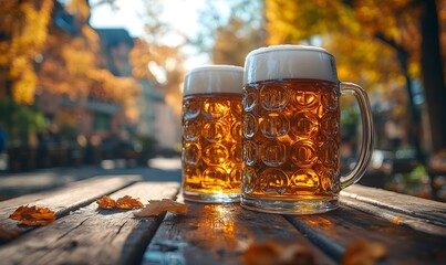 Two frothy beer mugs on a wooden table in a beer garden with autumn leaves.