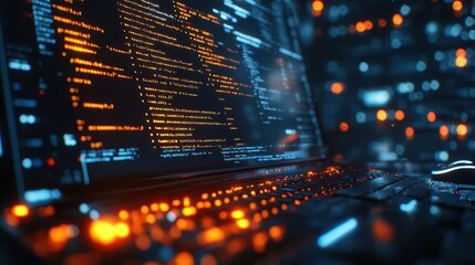 Wall Mural - software coding on a computer with lines of code visible on the screen, tech-savvy style, close-up, 