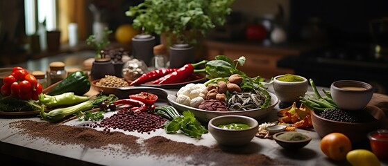 Wall Mural - A vibrant assortment of fresh vegetables and spices on a kitchen counter.