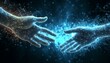 © Artfinity - Technology has advanced rapidly, as symbolized by the hand reaching out with glowing particles. Businessman holds a globe that connects a network of information forwarding to the world