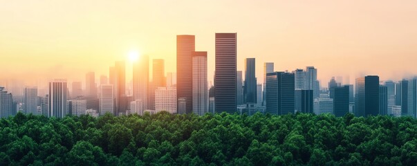 City skyline at sunrise, lush greenery in foreground, urban landscape.