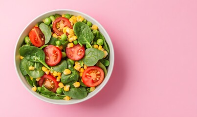 Sticker - Salad bowl with tomatoes spinach slices topped with corn kernel leaves, Generative AI