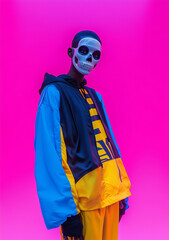 Wall Mural - A glowing neon portrait photograph showcases a surreal man in sportswear wearing a skull-face mask.Minimal creative Halloween holiday party  concept.Copy space