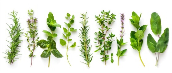 Wall Mural - A photo of fresh herbs neatly arranged on a white background showcases rosemary, mint, basil, thyme, oregano, sage, lavender, and parsley.