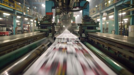 Wall Mural - industrial newspaper printing factory scene with conveyor belt full of newspapers. metal rails add m