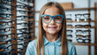 © Syrtseva Tatiana - A young girl with glasses smiling in an eyeglass store, surrounded by frames.