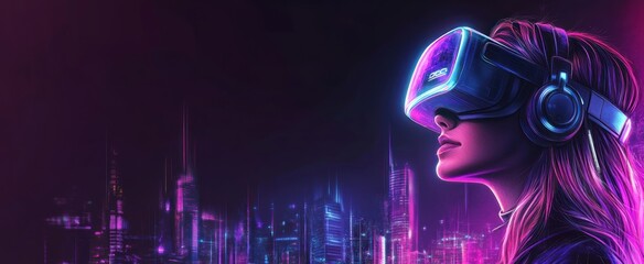 Wall Mural - Woman Wearing VR Headset With Neon City Skyline Background