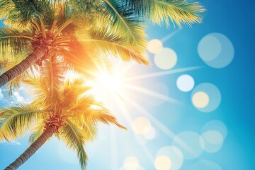 Wall Mural - An image of a tropical palm tree against a blue sky background.