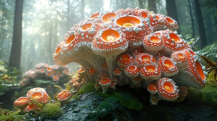 Poster - Enchanted Forest: Vibrant Orange Mushrooms in a Dreamlike Setting