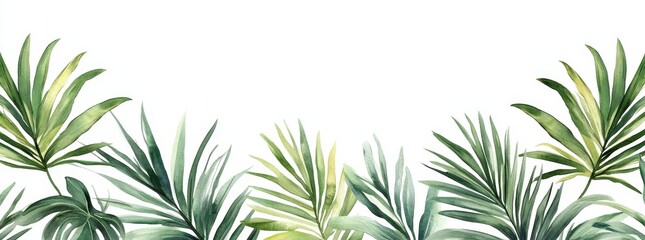 Wall Mural - Tropical leaves on white background. Watercolor hand painted seamless border. Tropical floral illustration. Jungle foliage pattern.