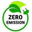 © Serkay - Zero emission logo, green color circle icon with leaf symbol and plug. Eco vector illustration for a greener world and sustainability. Label, sticker, stamp idea concept graphic, isolated background.