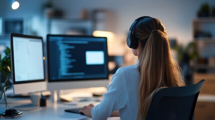 Wall Mural - remote work in tech environment with headphones