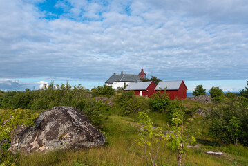 Landscape on Glapen hill with Glapen Fyr lighthouse, in background Vestfjord. Sorvagen in Lofoten district of Norway