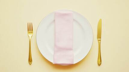 Wall Mural - Minimalist served white plate with golden fork and knife, copy space, yellow background. Generative AI