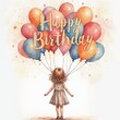 © YuNa_22 - Girl with colourful balloons illustration. Words 'Happy birthday' imitation of watercolor and girl standing with her back with a balloons.