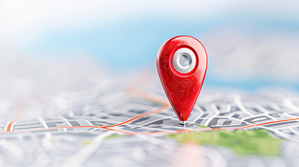 Map pin location marker on a detailed map with blurred background and vibrant colors