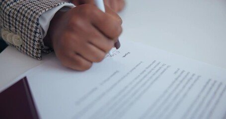 Poster - Woman, hands and signature on paperwork in office for professional agreement, license and financial terms. Closeup, author and document for initial on publishing contract and manuscript deadline.