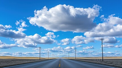 A long road with a few power lines and a few clouds in the sky