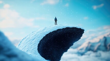 A person standing on a tilted, warped surface, the world around them bending and contorting, symbolizing the distorted perception of time and reality.