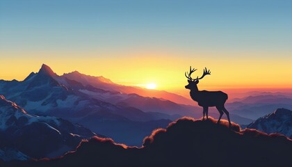 Wall Mural - Serene sunset mountainscape featuring a deer silhouette in a captivating vector design