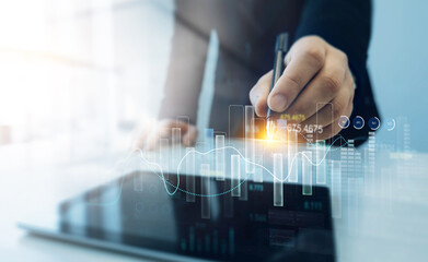 Leinwandbilder - Business growth graph chart. Businessman using tablet analyzing sales data and financial report.Financial marketing graph grow chart. Arrow up with graph corporate future growth plan.