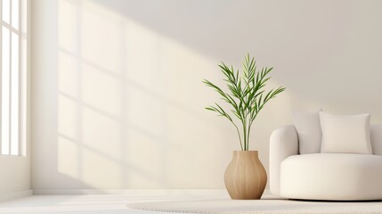 Poster - Modern living room with a potted plant and a cozy sofa, bright natural light streaming through large windows.