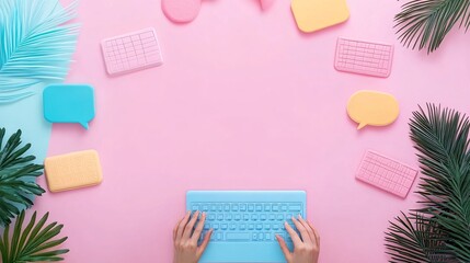 Wall Mural - A person typing a message to their friends in a group chat sharing their word puzzle game results with excitement Large space for text in center Stock Photo with copy space