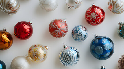 top view of different, colorful christmas baubles lying against white bacgkround